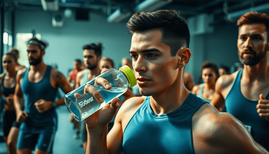 Group workout session with athletes staying hydrated by drinking water from bottles with Health+ branding.