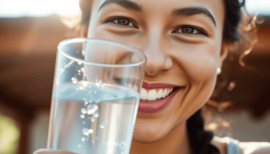 Smiling woman holding a glass of water, highlighting hydration benefits of Hydro+ Bottle.