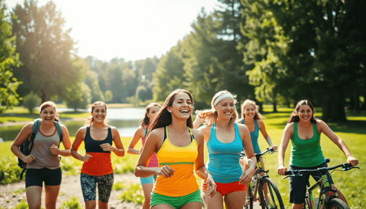 Group of women jogging and cycling in a sunny park, promoting active lifestyle and fitness.