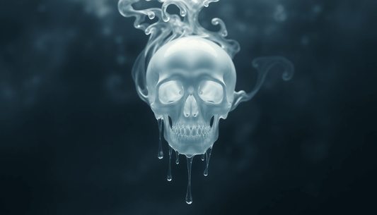 Eerie skull made of smoke and drips in dark mysterious background, representing myths in hydration science.