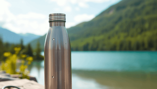 Reusable stainless steel water bottle by a lake, promoting eco-friendly hydration and reducing plastic waste.