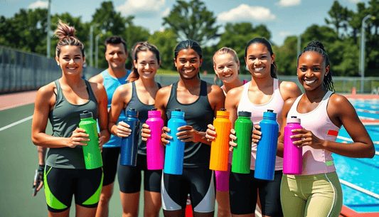 Athletes smiling by a pool while holding colorful reusable water bottles.