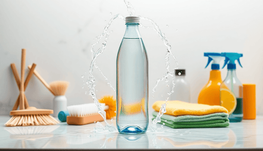 Clean water bottle with cleaning supplies, brushes, and towels, emphasizing maintenance and hygiene for health benefits.