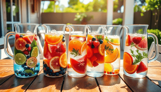 Colorful fruit-infused water pitchers with citrus and berries on a sunny patio table for refreshing summer hydration.