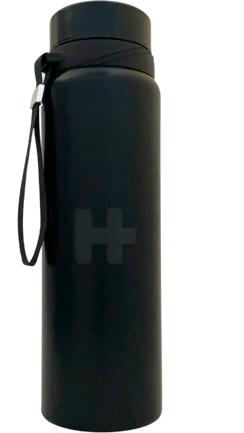 Hydrate+ 32oz black water bottle with built-in filter and temperature control for on-the-go hydration.