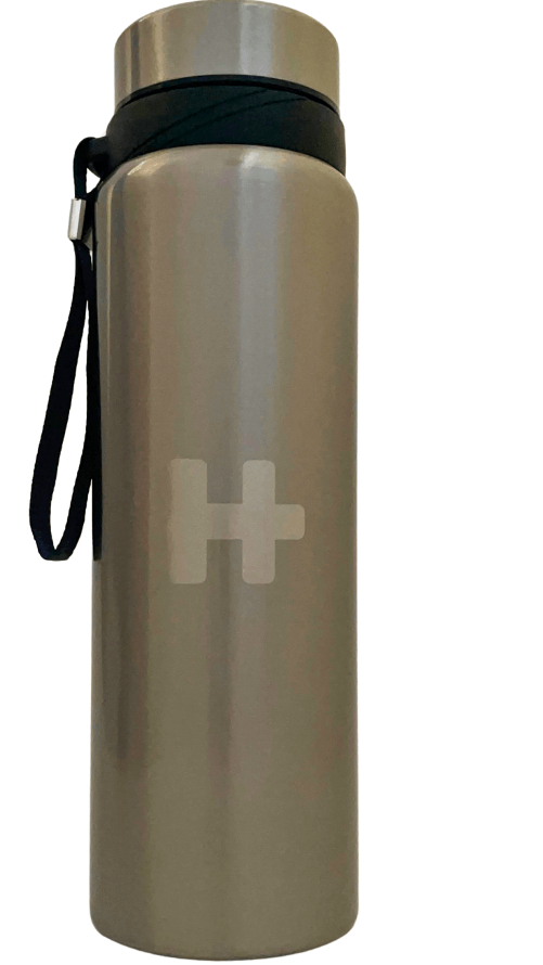 Hydrate+ 32oz stainless steel water bottle with built-in filter and temperature control features.