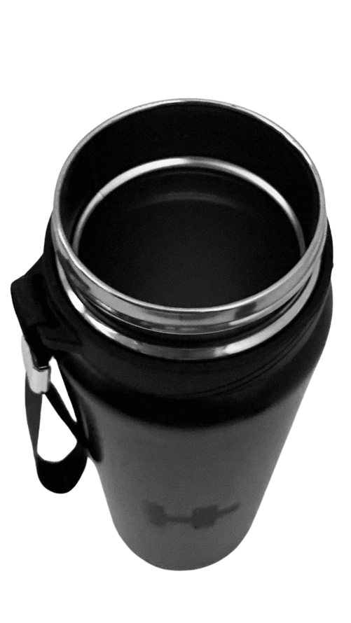 Close-up view of the Hydrate+ Smart Water Bottle with a sleek design and built-in filter.