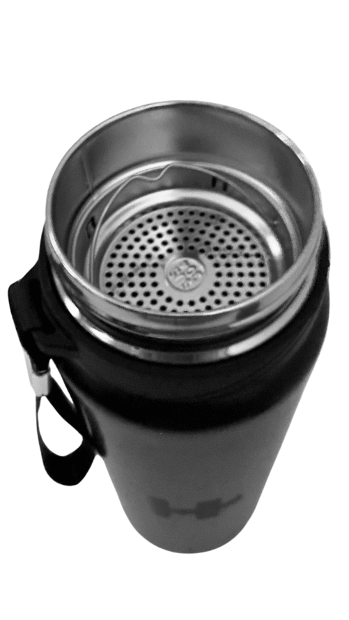 Top view of the Hydrate+ Smart Water Bottle showcasing its built-in filter and sleek design.