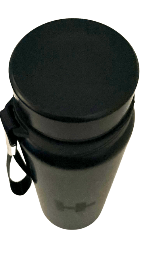 Top view of the Hydrate+ Smart Water Bottle, showcasing its sleek black design and carrying strap.