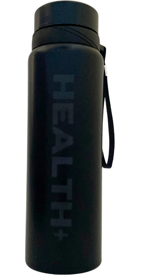 Hydrate+ smart water bottle in black with HEALTH+ text, ideal for maintaining hydration on the go.